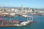 ID 3262 PORT OF AUCKLAND - An aerial view across the wharves westward toward the Skytower and towers of the downtown CBD.